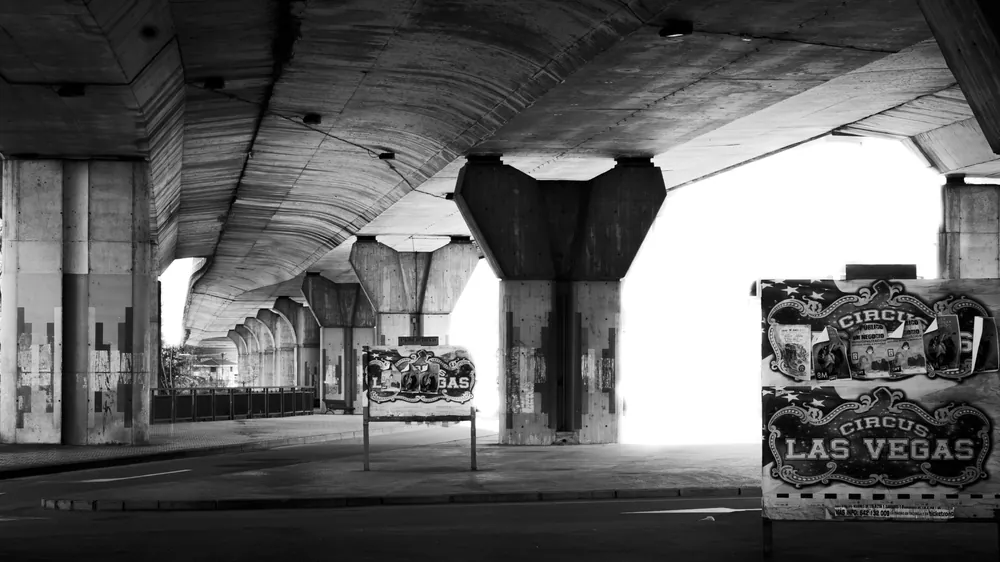 Bajo un viaducto, los pilares de hormigón en fuga hacia la luz
